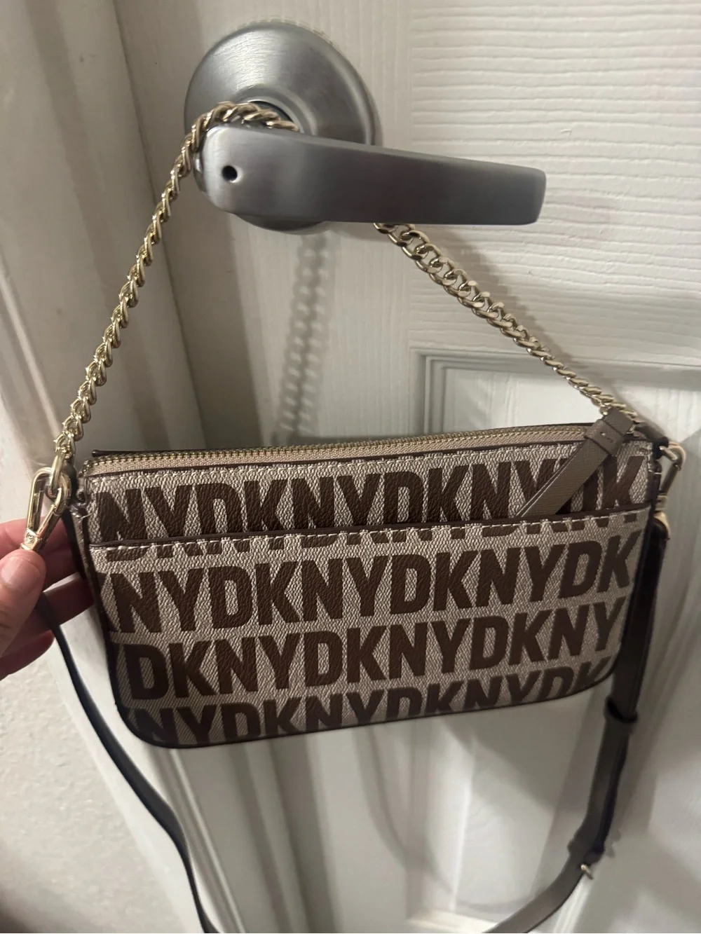 DKNY Brown and Cream Logo Print Crossbody Bag with Gold Chain
